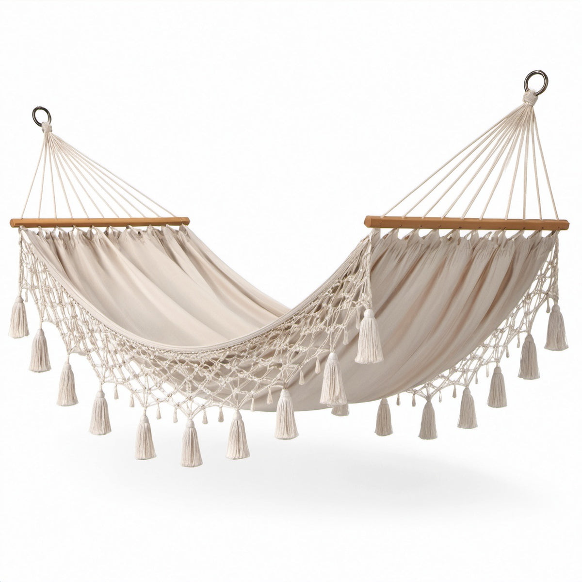 Amaca sospesa in cotone beige naturale 300 × 150 cm con barre in legno, rete e frange
