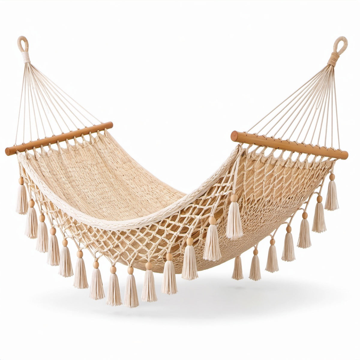 Amaca sospesa 300 × 150 × 1 cm beige e marrone chiaro in cotone e legno con intreccio macramè e nappe
