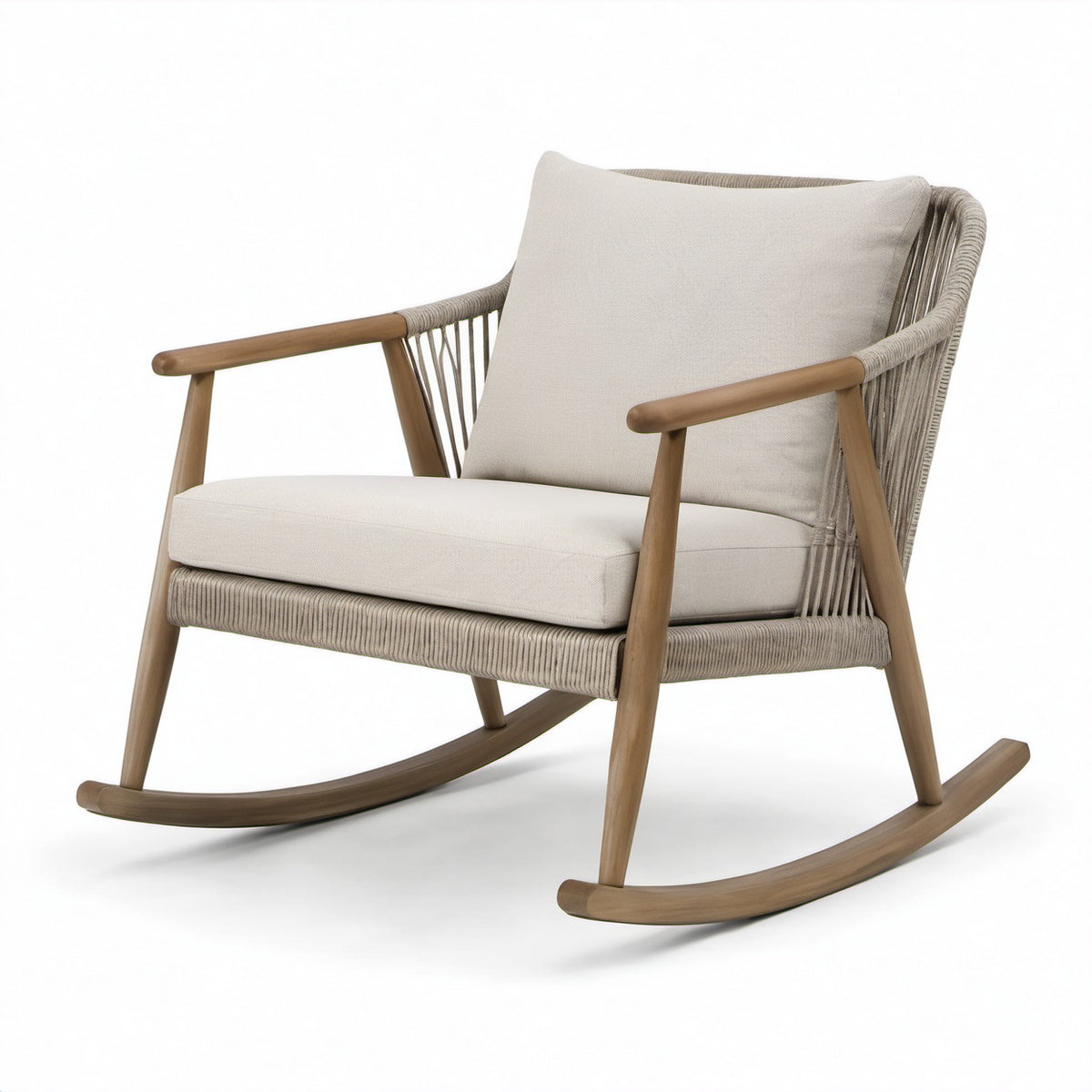 Poltrona a dondolo in legno e corda beige, 90 × 75 × 85 cm, stile contemporaneo