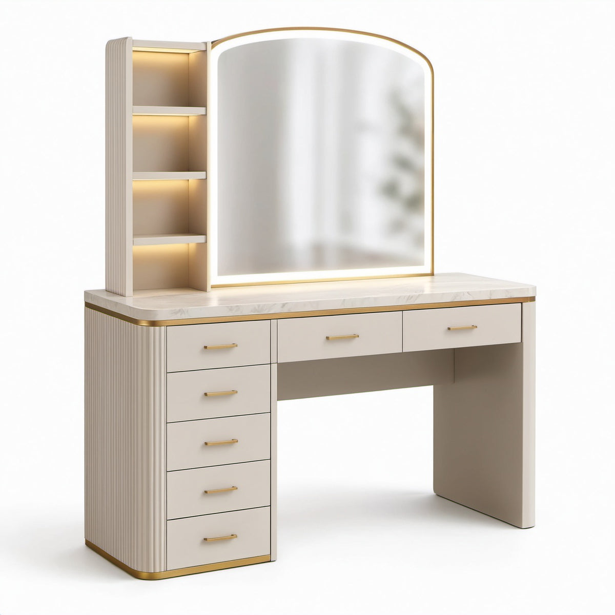 Toeletta avorio e oro con specchio illuminato, 7 cassetti e 4 vani, 120 × 45 × 150 cm