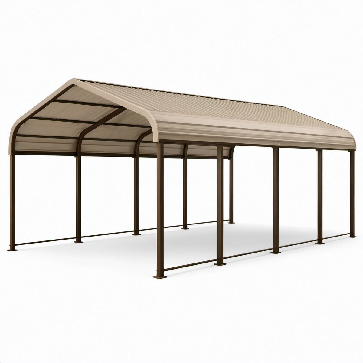 Copertura doppia autoportante in acciaio marrone e beige con tetto curvo, 600 × 600 × 280 cm