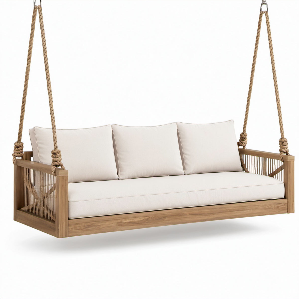 Divano sospeso da giardino a 3 posti in legno naturale con corde e cuscini beige, 220 × 85 × 70 cm