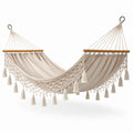 Amaca sospesa in cotone beige naturale 300 × 150 cm con barre in legno, rete e frange