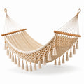 Amaca sospesa 300 × 150 × 1 cm beige e marrone chiaro in cotone e legno con intreccio macramè e nappe