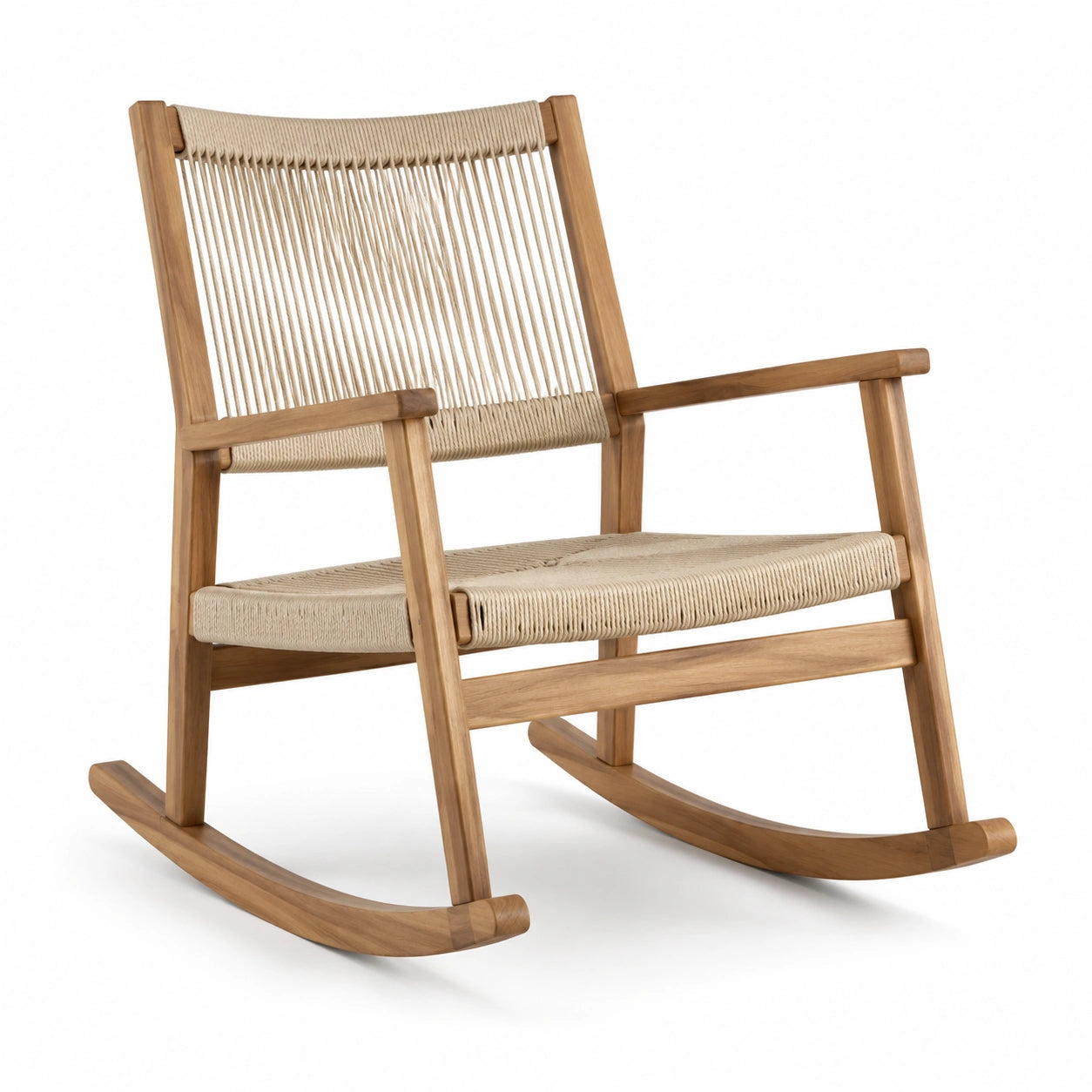 Sedia a dondolo con braccioli in legno marrone e corda beige, 68 × 90 × 92 cm