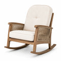 Poltrona a dondolo in legno marrone e tessuto beige con braccioli in corda intrecciata, 72 × 91 × 100 cm