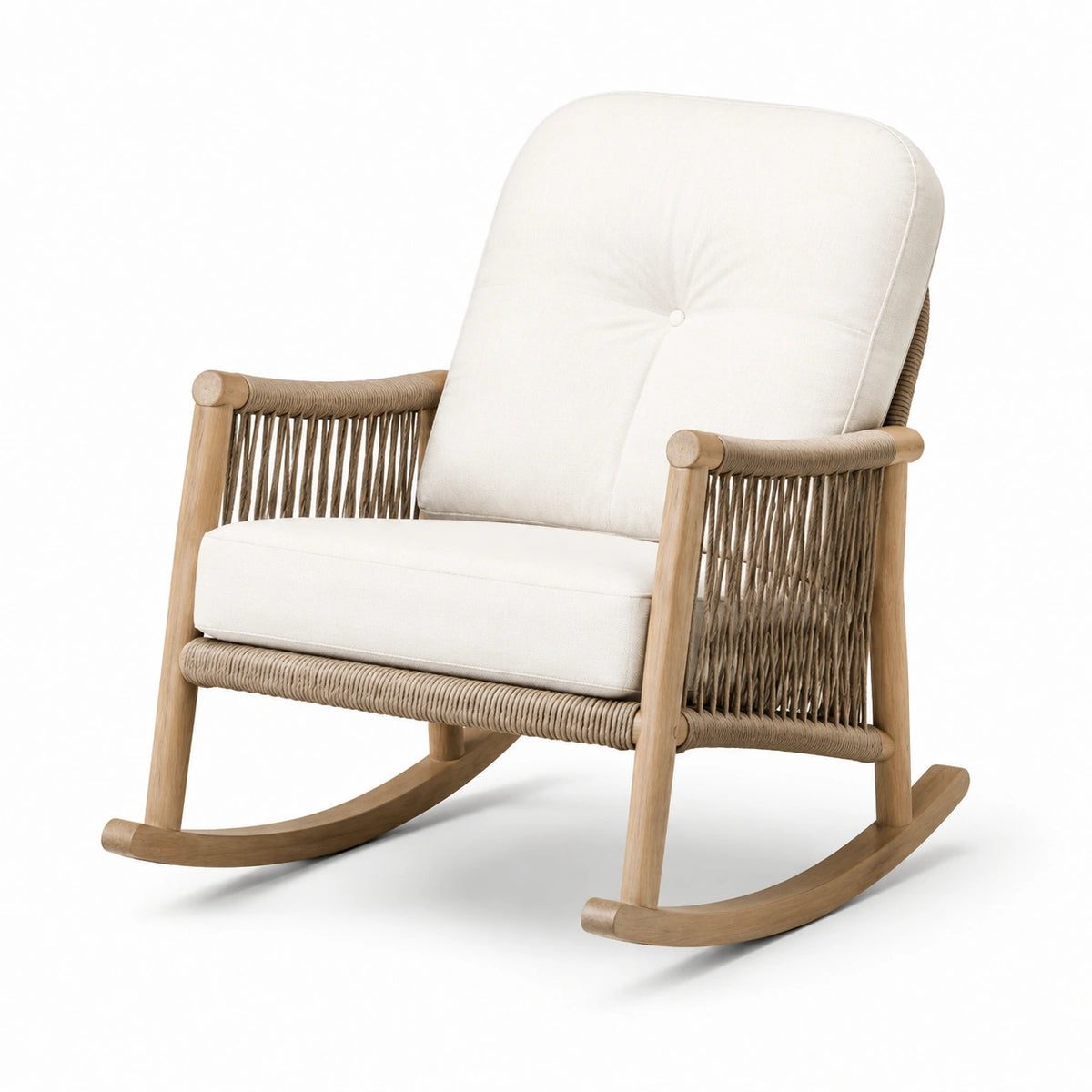 Poltrona a dondolo in legno con corda intrecciata e cuscini, Crema/Beige/Marrone chiaro, 75 × 95 × 90 cm