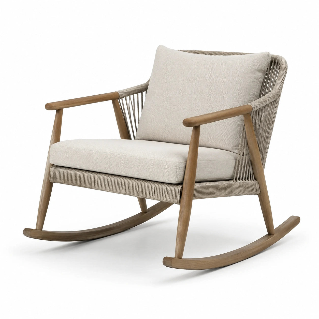 Poltrona a dondolo in legno e corda beige, 90 × 75 × 85 cm, stile contemporaneo