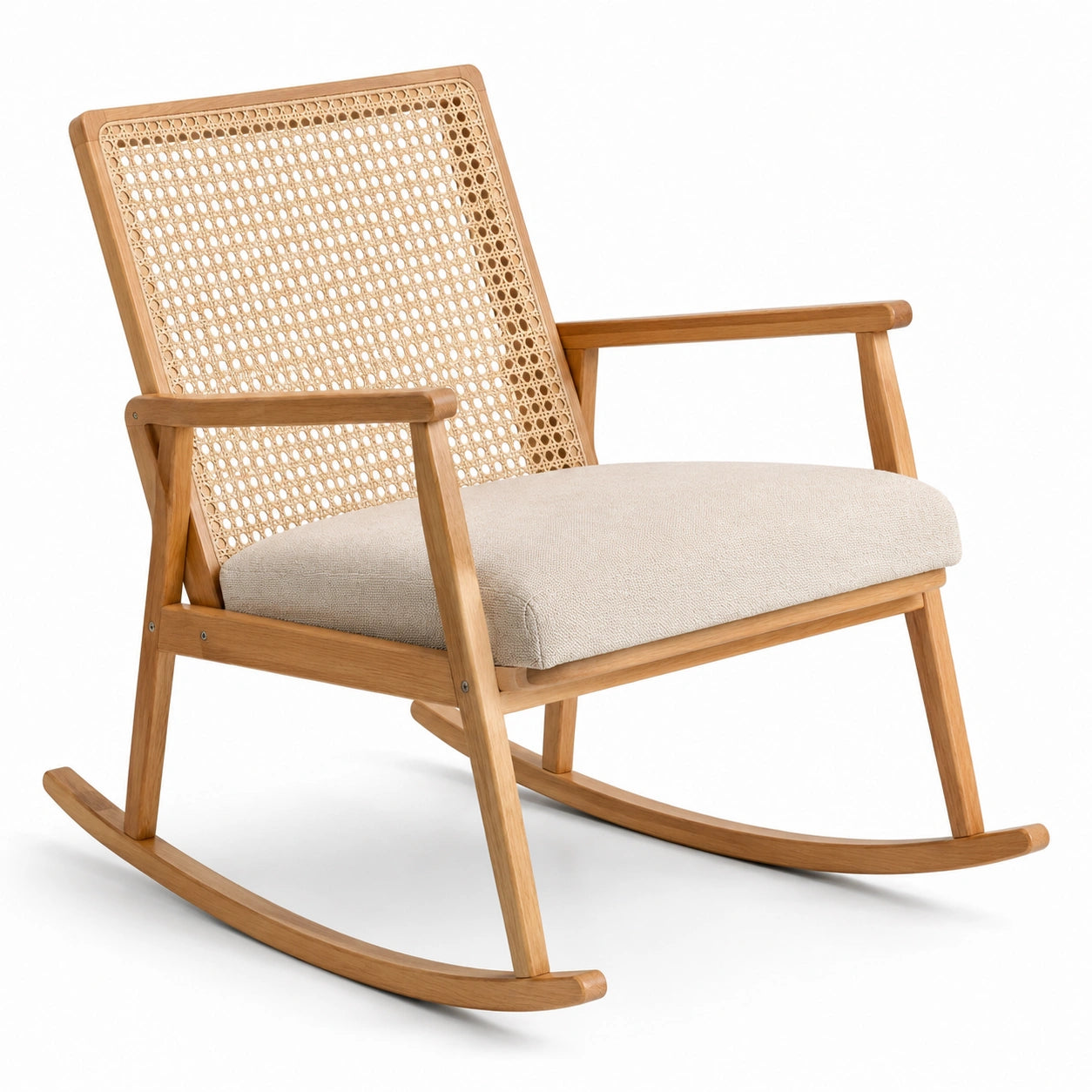 Poltrona a dondolo in legno naturale e rattan con seduta beige, 90 × 70 × 100 cm