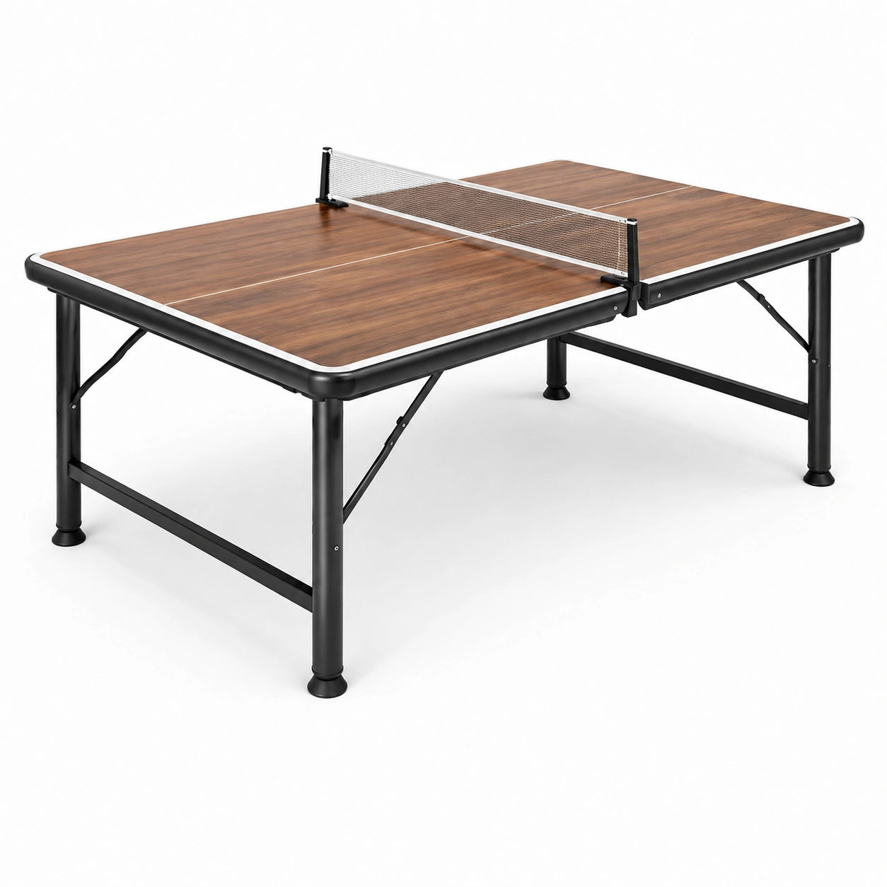 Tavolo da ping pong per interni 274 × 152,5 × 76 cm, piano marrone effetto legno con rete e struttura nera