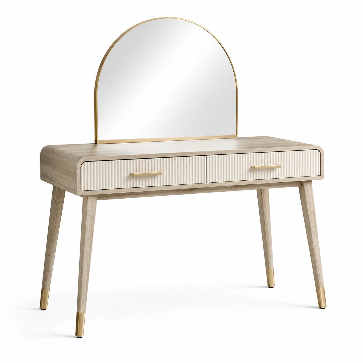 Toeletta moderna con specchio ad arco e 2 cassetti, 110 × 45 × 135 cm, beige, crema e dorato