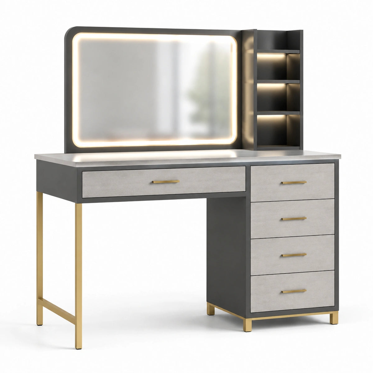 Toeletta moderna 120 × 45 × 145 cm grigio antracite e grigio chiaro con specchio illuminato, 5 cassetti e dettagli dorati