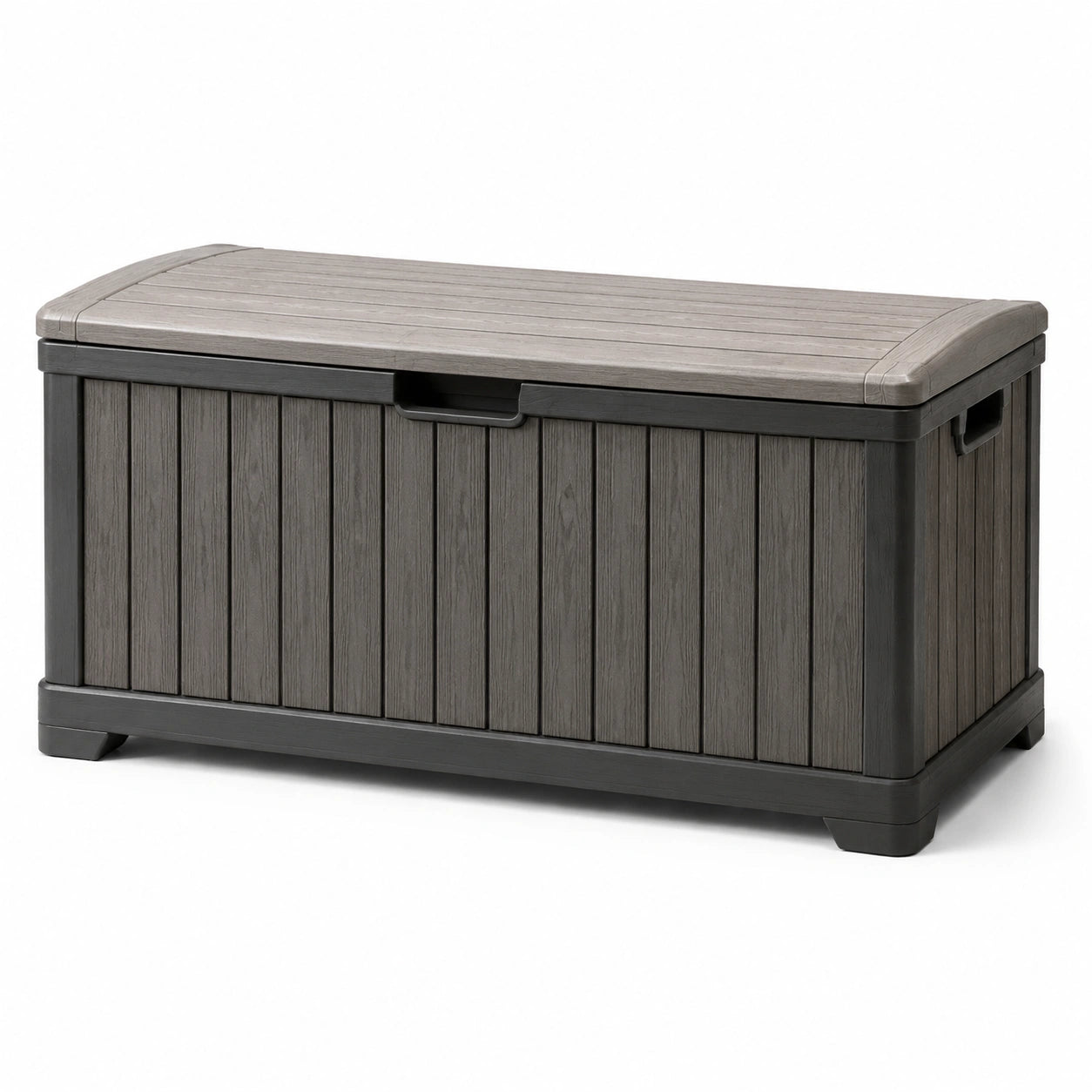 Baule da esterno 120 × 55 × 60 cm in resina grigio antracite e grigio tortora effetto legno