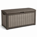 Baule da esterno in resina effetto legno con coperchio, Tortora/Marrone scuro, 120 × 55 × 60 cm