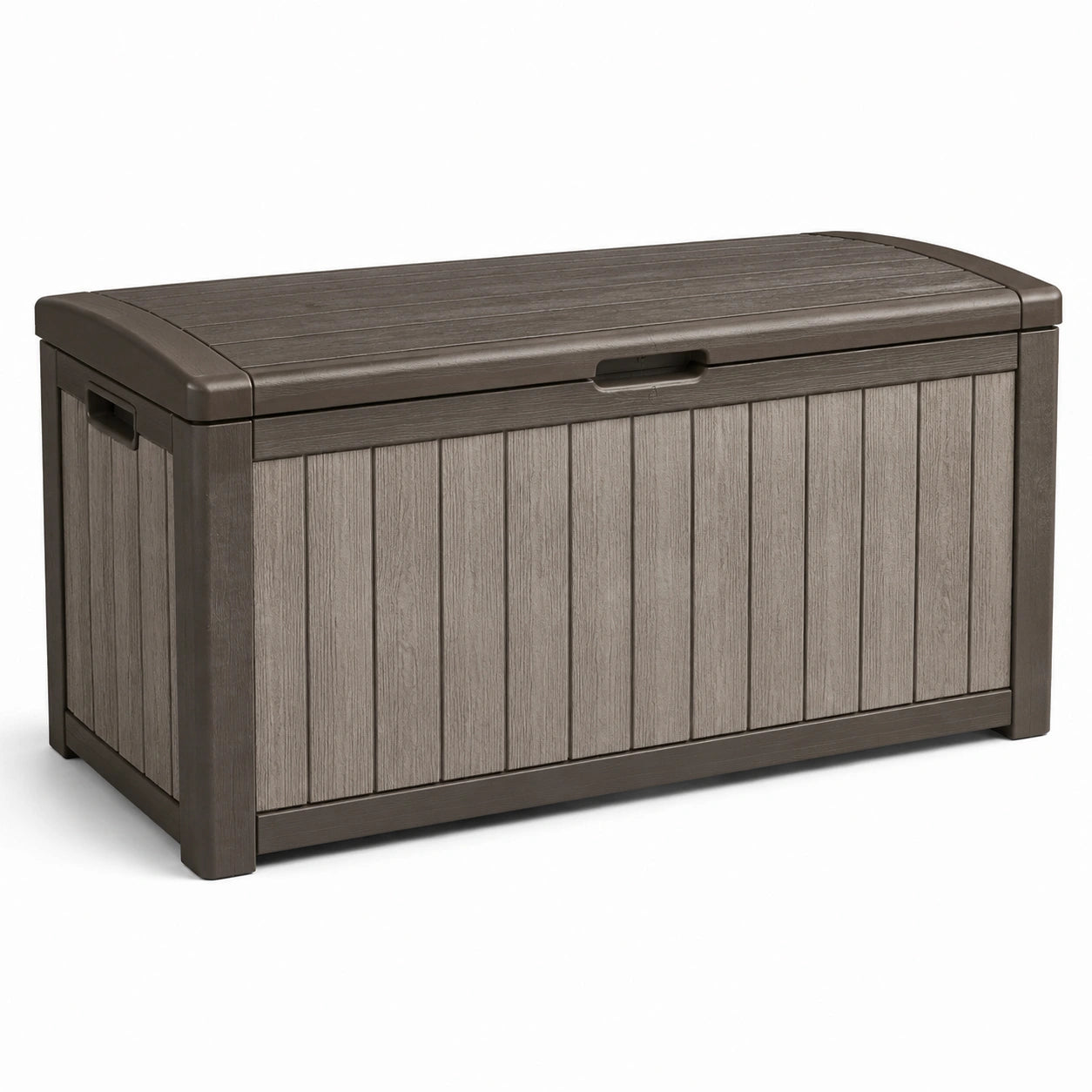 Baule da esterno in resina effetto legno con coperchio, Tortora/Marrone scuro, 120 × 55 × 60 cm