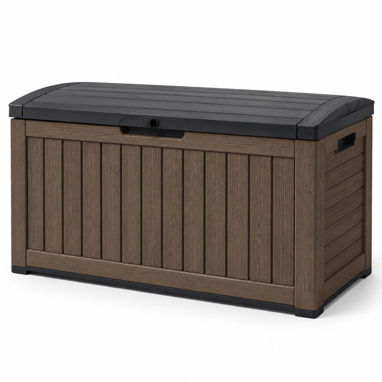 Baule da giardino in resina marrone e nero effetto legno, 120 × 56 × 63 cm, con coperchio
