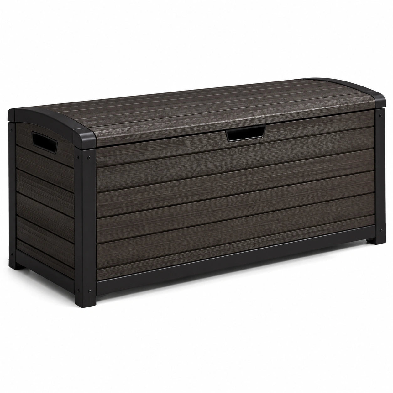 Baule contenitore da esterno in resina effetto legno, marrone scuro e nero, 120 × 55 × 60 cm
