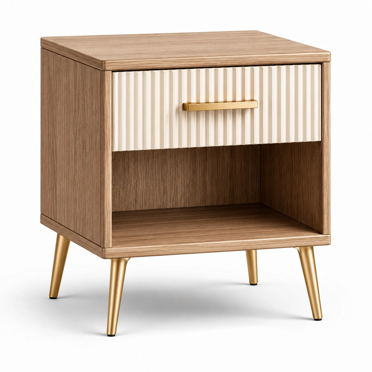 Comodino moderno effetto rovere e crema con cassetto scanalato e vano aperto, 50 × 40 × 60 cm