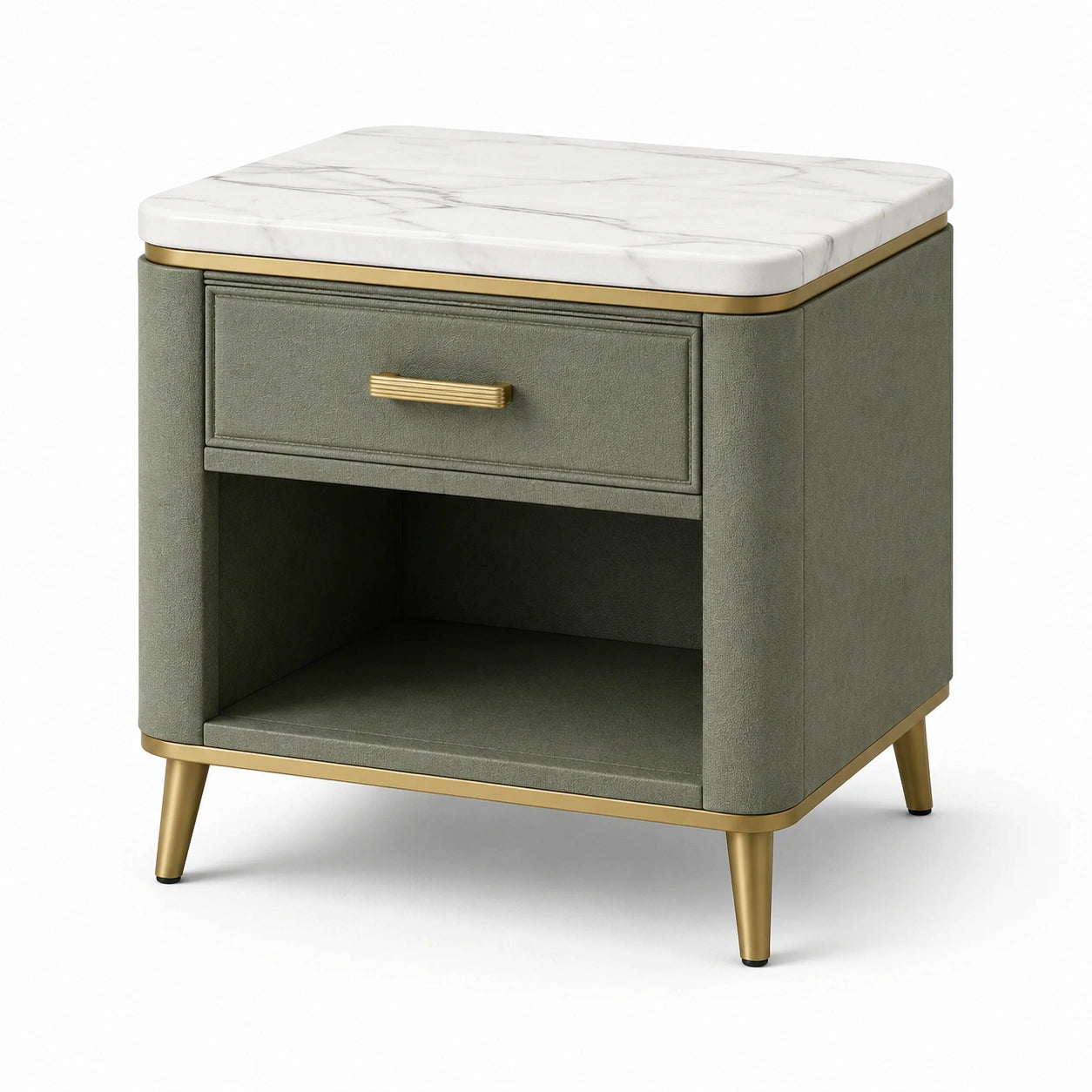 Comodino moderno verde salvia, bianco e oro con cassetto e vano aperto, 50 x 40 x 58 cm