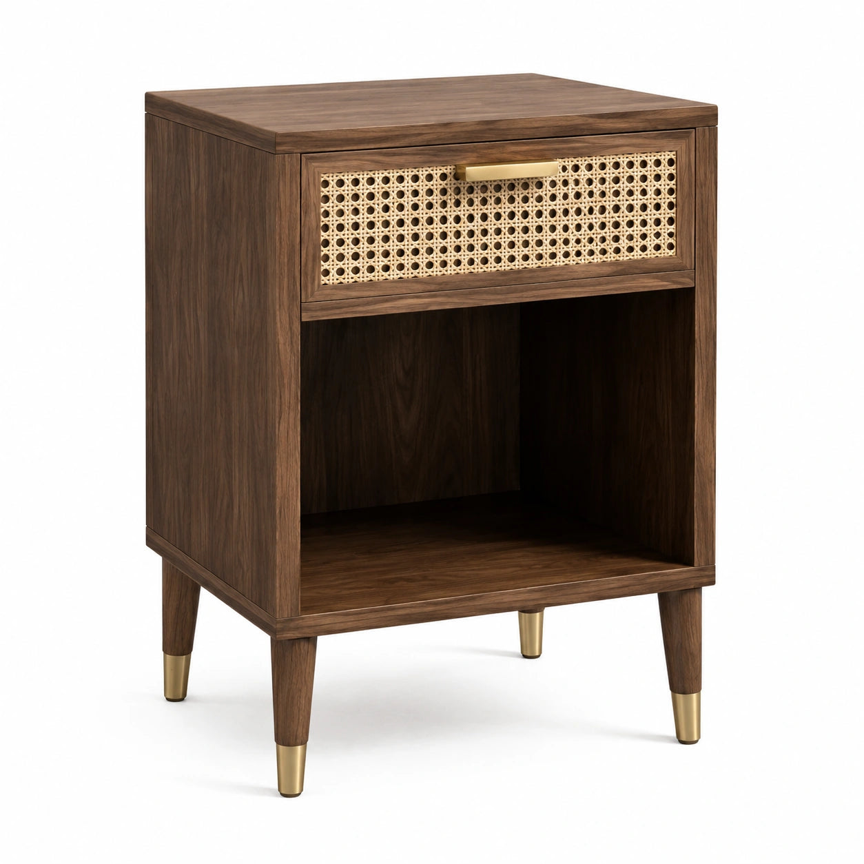 Comodino marrone in legno e rattan con cassetto e vano aperto, 55 × 40 × 65 cm