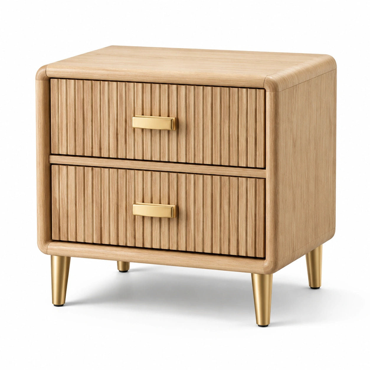 Comodino moderno effetto rovere naturale e oro con 2 cassetti scanalati, 55 × 40 × 58 cm
