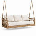 Divano sospeso da giardino a 3 posti in legno naturale con corde e cuscini beige, 220 × 85 × 70 cm