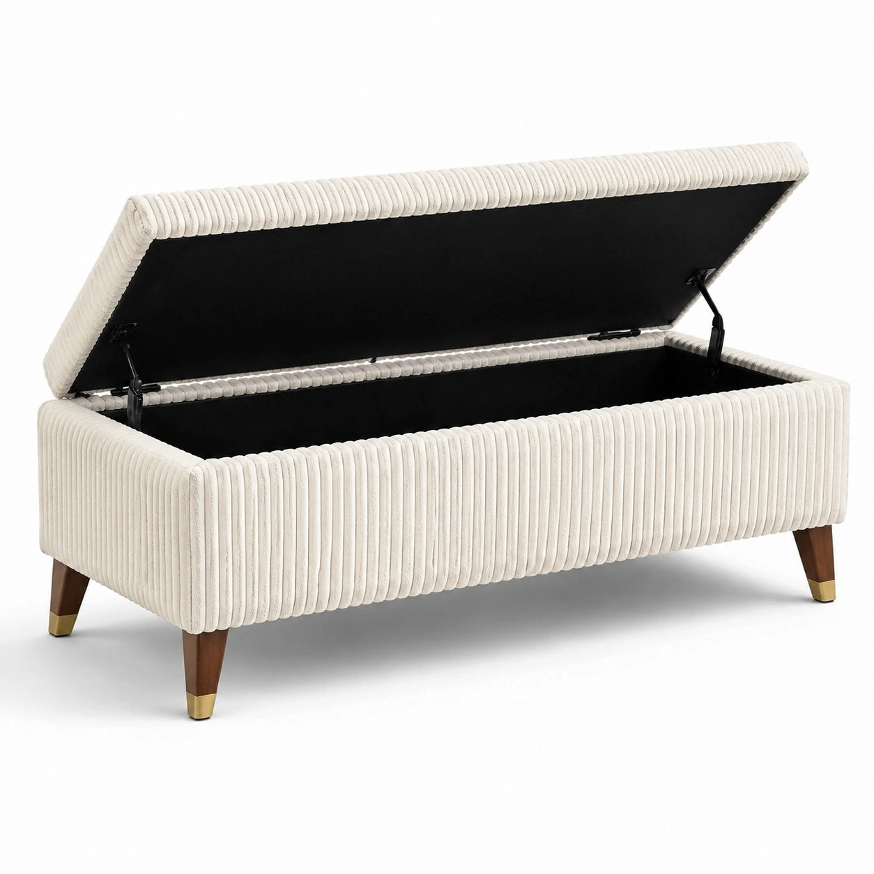 Panca contenitore imbottita in tessuto a coste crema, 110 × 45 × 45 cm, con vano interno