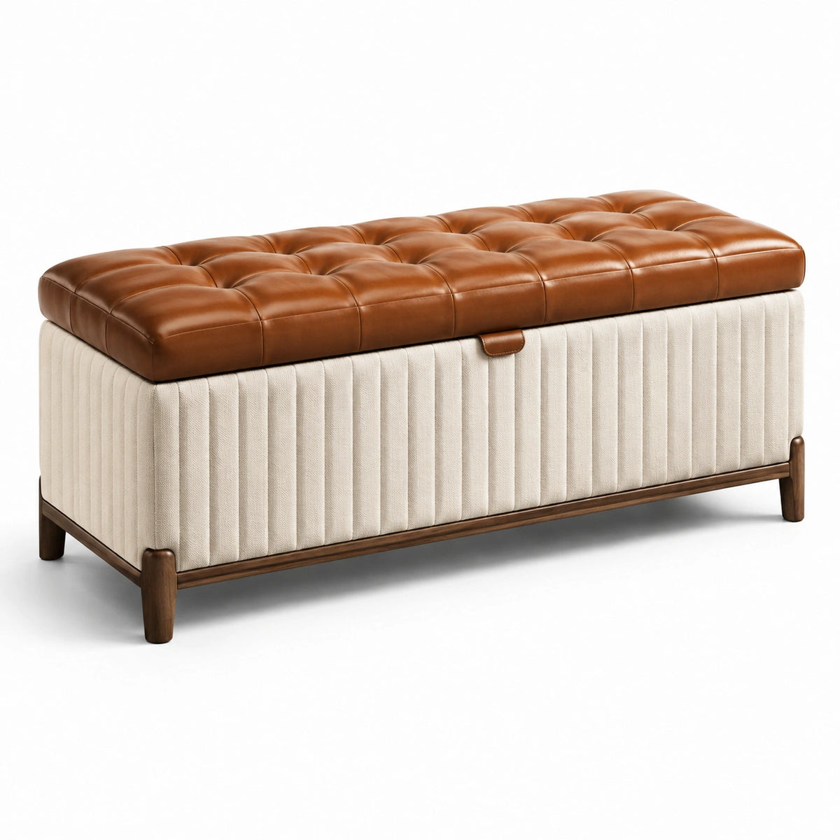 Panca contenitore in tessuto crema e similpelle marrone con seduta capitonné, 120 × 45 × 50 cm