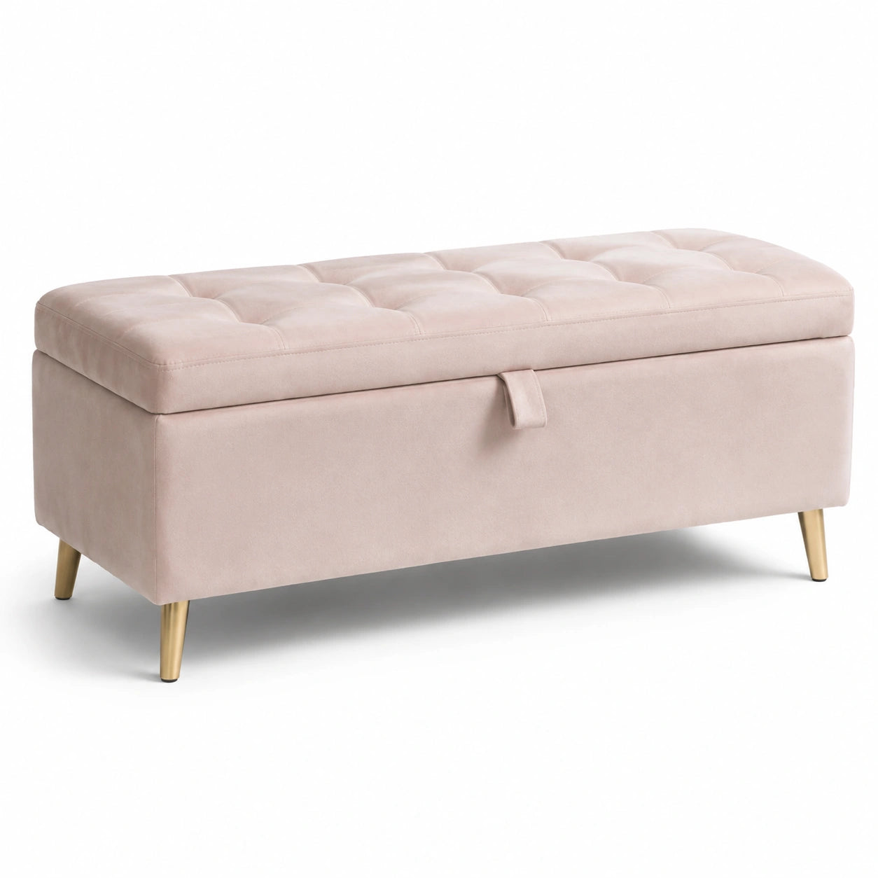 Panca contenitore in velluto rosa cipria con seduta trapuntata e gambe color oro, 110 × 40 × 45 cm