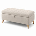Panca contenitore in tessuto bouclé beige con gambe color legno naturale, 110 × 45 × 48 cm