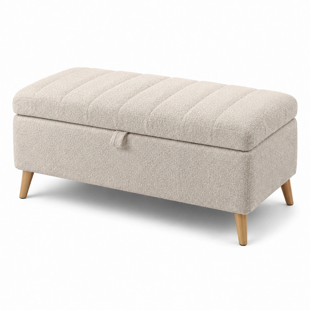 Panca contenitore in tessuto bouclé beige con gambe color legno naturale, 110 × 45 × 48 cm