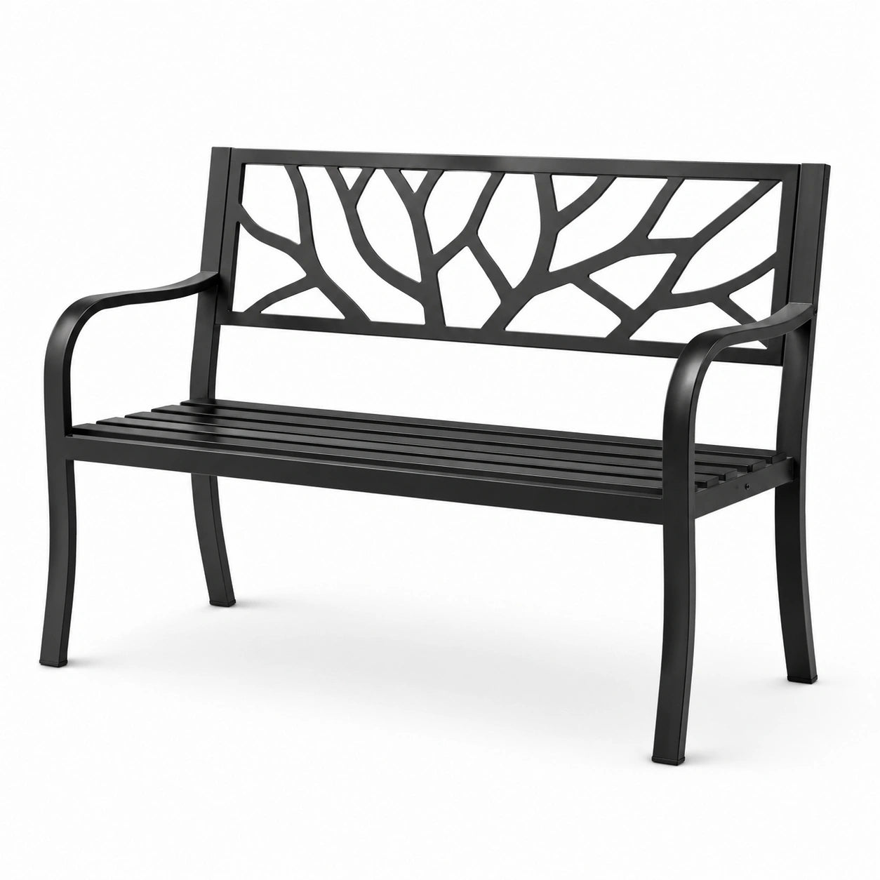 Panchina da giardino a 2 posti in metallo nero con schienale decorativo, 127 × 60 × 86 cm
