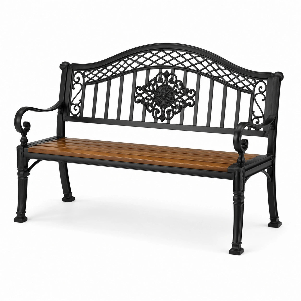 Panchina da esterno a 2 posti in metallo nero e legno marrone, 127 × 60 × 89 cm