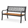 Panca da giardino a 2 posti in metallo nero e legno marrone, 126 × 60 × 87 cm, con schienale decorativo