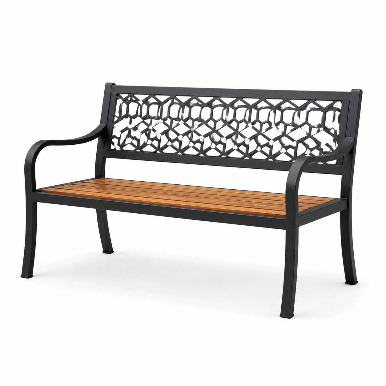 Panca da giardino a 2 posti in metallo nero e legno marrone, 126 × 60 × 87 cm, con schienale decorativo