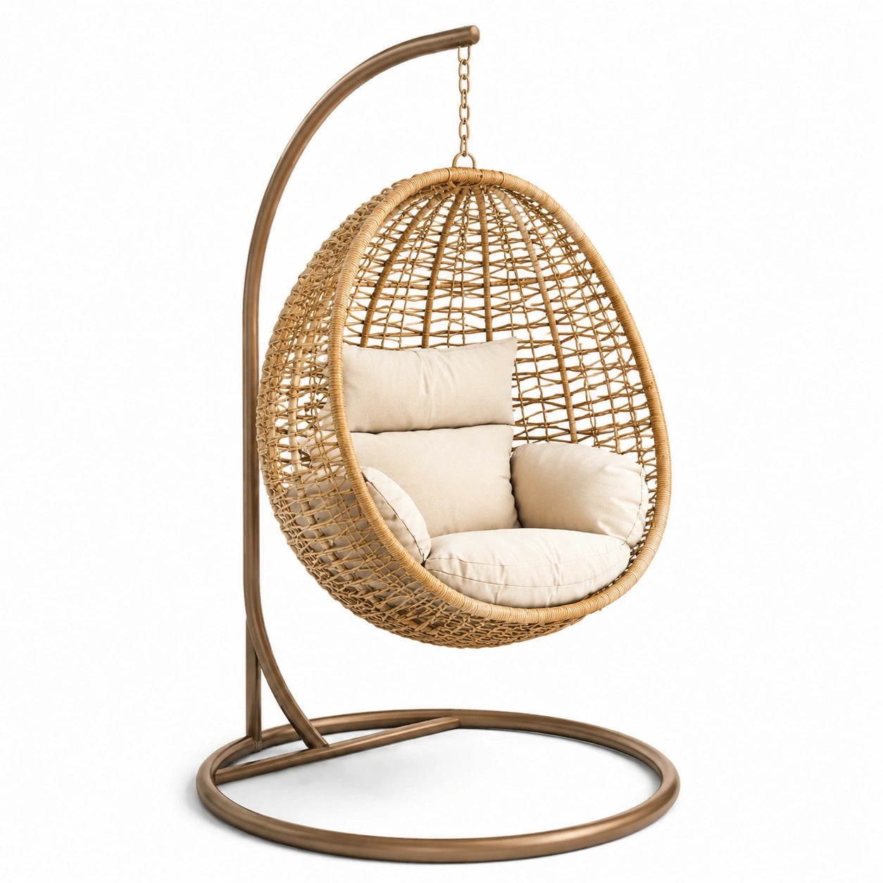 Poltrona sospesa marrone e beige 105 × 105 × 195 cm con struttura in metallo e intreccio effetto rattan