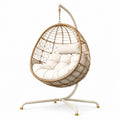 Poltrona sospesa con supporto, cuscini e intreccio effetto rattan, Beige/Bianco/Ottone, 120 × 105 × 195 cm