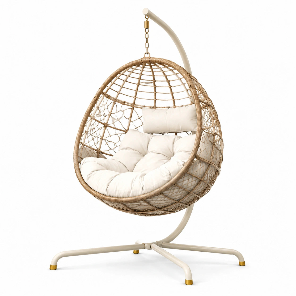 Poltrona sospesa con supporto, cuscini e intreccio effetto rattan, Beige/Bianco/Ottone, 120 × 105 × 195 cm