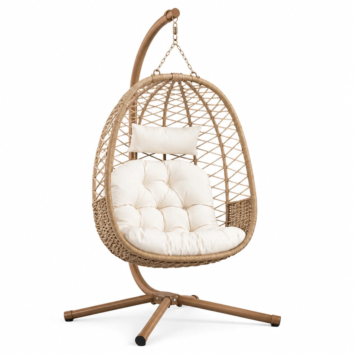 Poltrona sospesa autoportante in acciaio e rattan sintetico beige, 105 × 105 × 195 cm