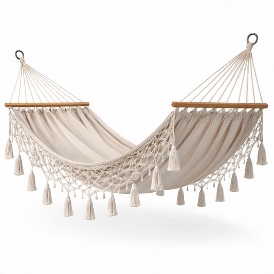 Amaca sospesa in cotone beige naturale 300 × 150 cm con barre in legno, rete e frange