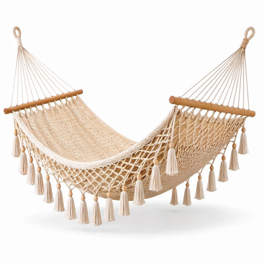 Amaca sospesa 300 × 150 × 1 cm beige e marrone chiaro in cotone e legno con intreccio macramè e nappe