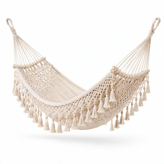 Amaca sospesa beige in corda intrecciata e legno con frange boho, 200 × 100 × 3 cm