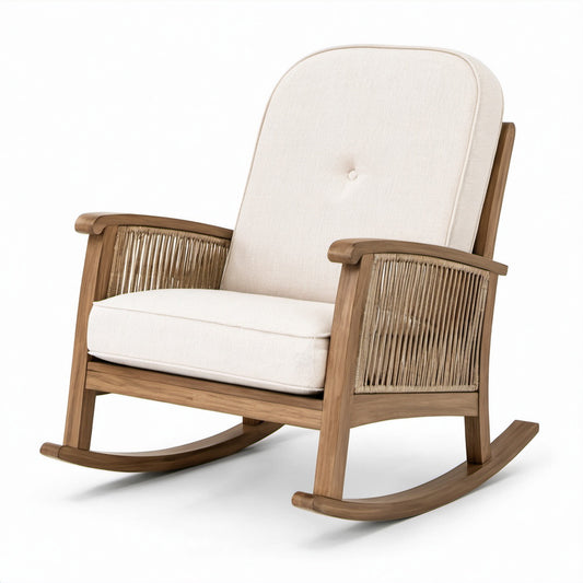 Poltrona a dondolo in legno marrone e tessuto beige con braccioli in corda intrecciata, 72 × 91 × 100 cm