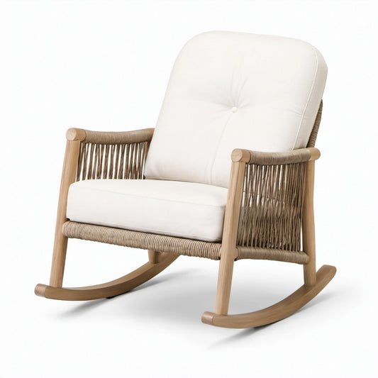 Poltrona a dondolo in legno con corda intrecciata e cuscini, Crema/Beige/Marrone chiaro, 75 × 95 × 90 cm