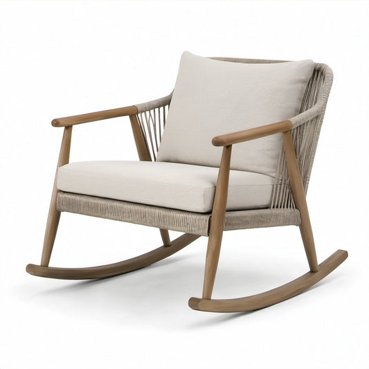 Poltrona a dondolo in legno e corda beige, 90 × 75 × 85 cm, stile contemporaneo