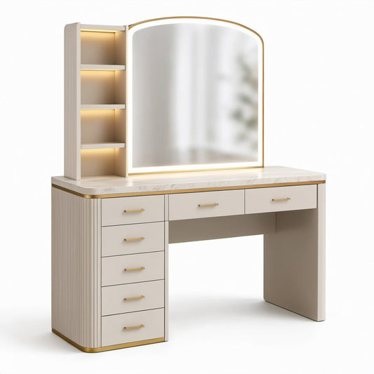 Toeletta avorio e oro con specchio illuminato, 7 cassetti e 4 vani, 120 × 45 × 150 cm