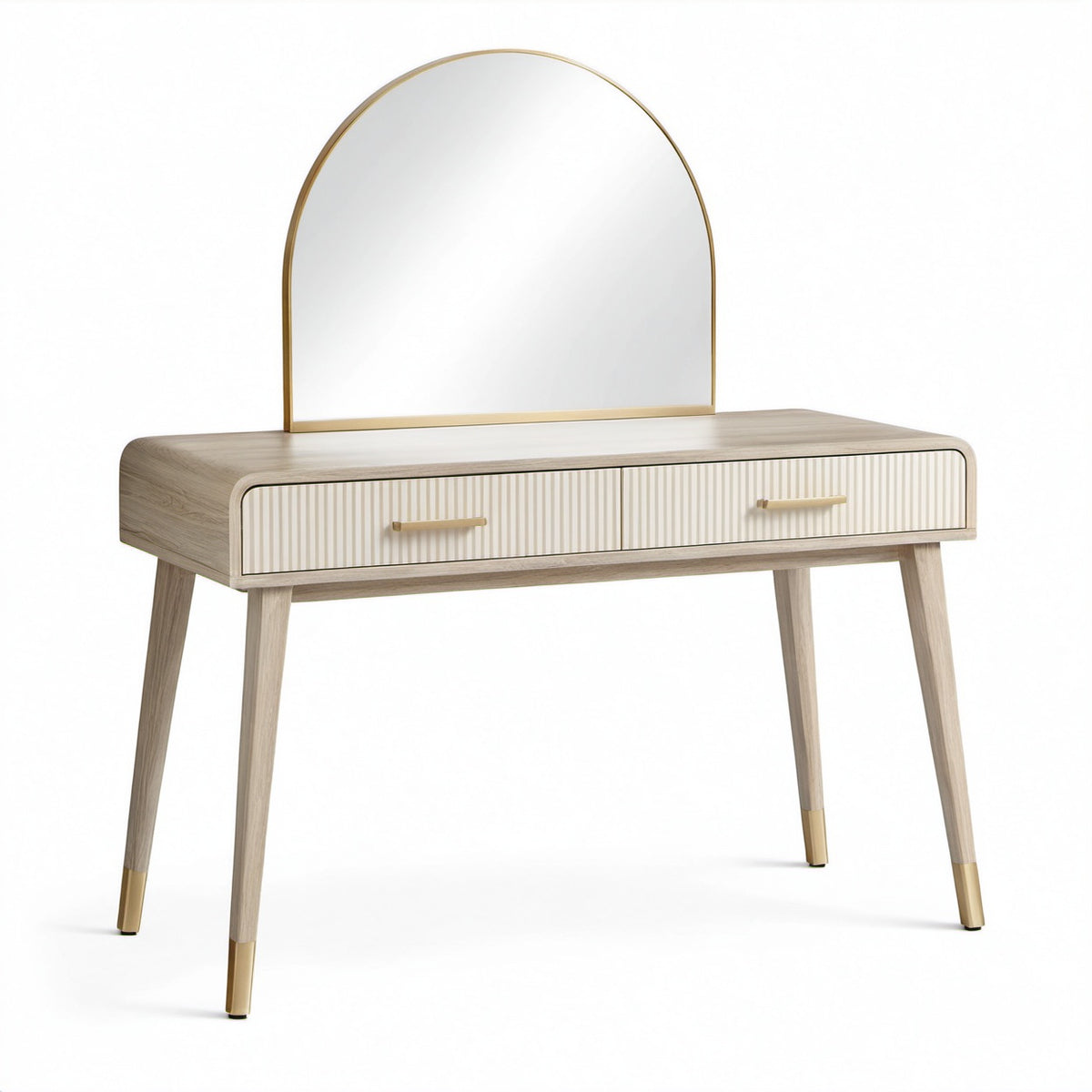 Toeletta moderna con specchio ad arco e 2 cassetti, 110 × 45 × 135 cm, beige, crema e dorato