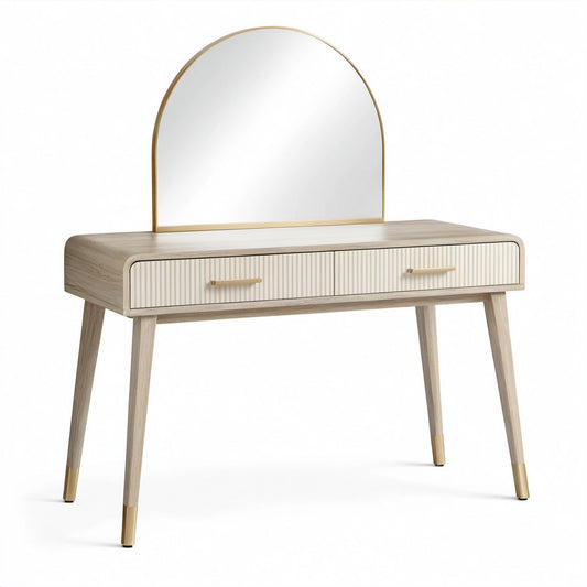 Toeletta moderna con specchio ad arco e 2 cassetti, 110 × 45 × 135 cm, beige, crema e dorato