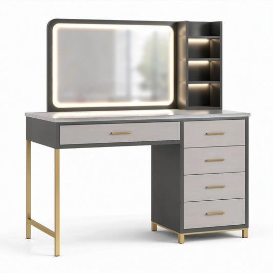 Toeletta moderna 120 × 45 × 145 cm grigio antracite e grigio chiaro con specchio illuminato, 5 cassetti e dettagli dorati
