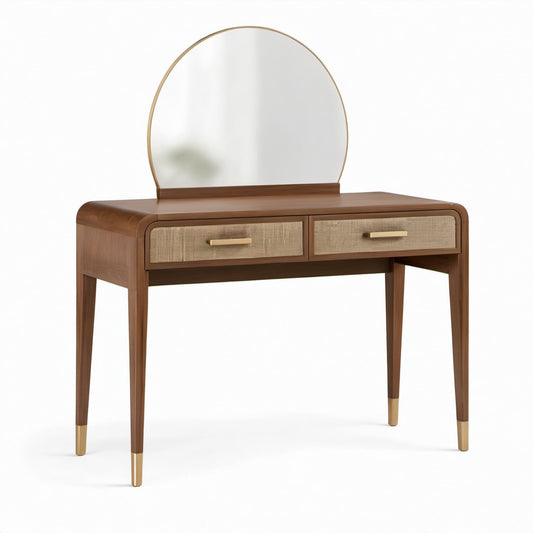Toeletta moderna in legno marrone 120 × 50 × 140 cm con specchio rotondo e 2 cassetti